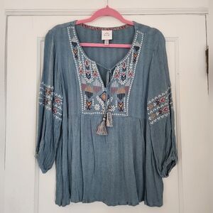 Knox Rose - Embroidered Western Peasant Top